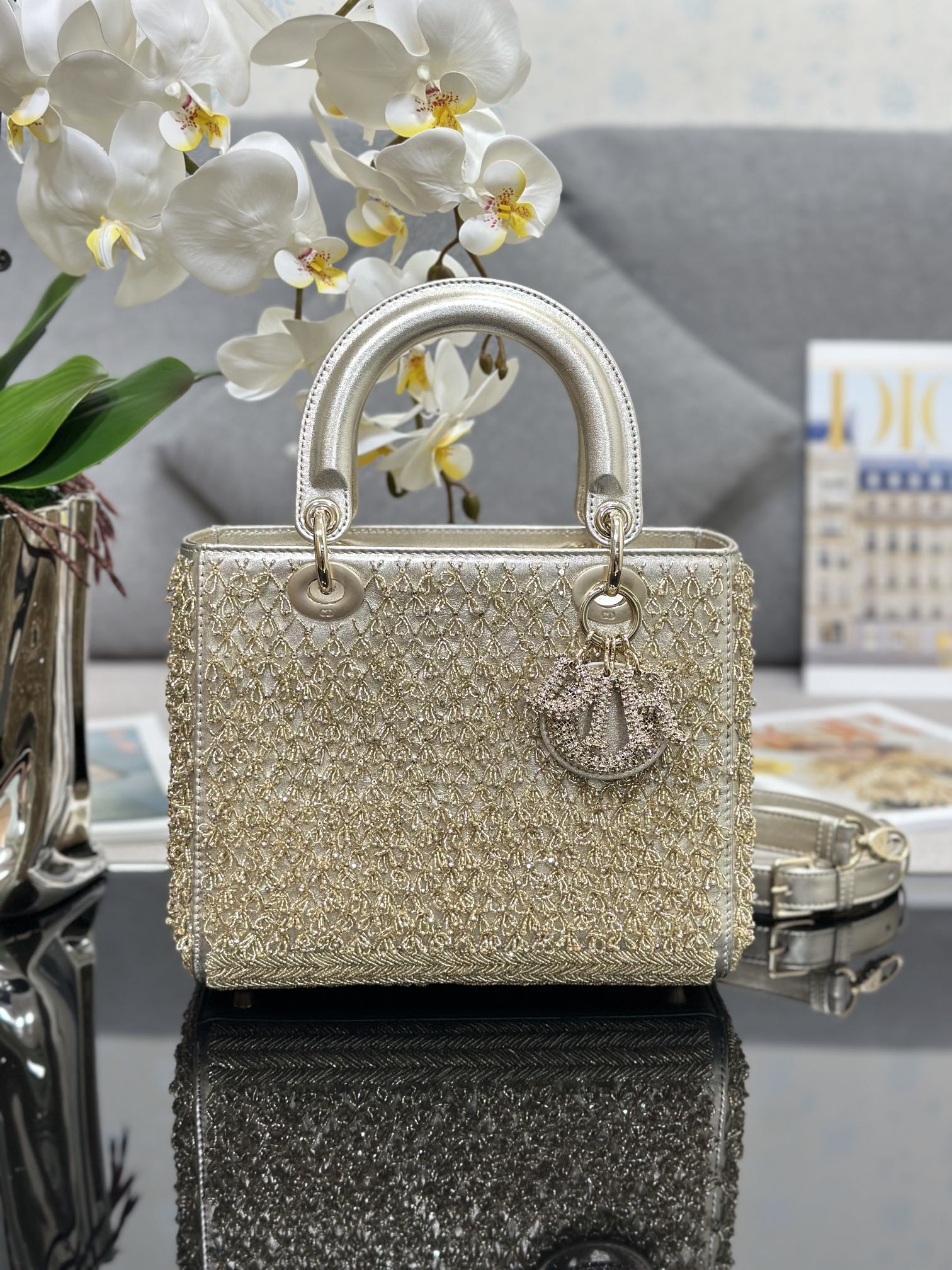 Small Lady Dior Bag Gold Calfskin Embroidered with String Beads